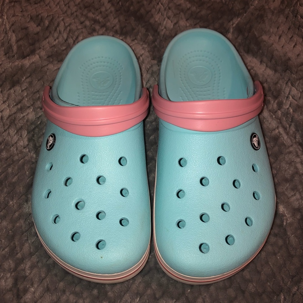 Ice Blue Crocs w/ Pink Stripe